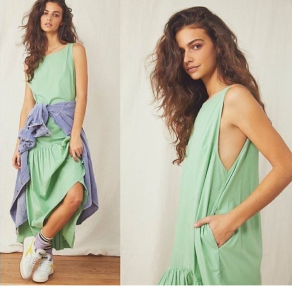 NWT Free People Dakota Drop Waist green maxi dress with pockets size M